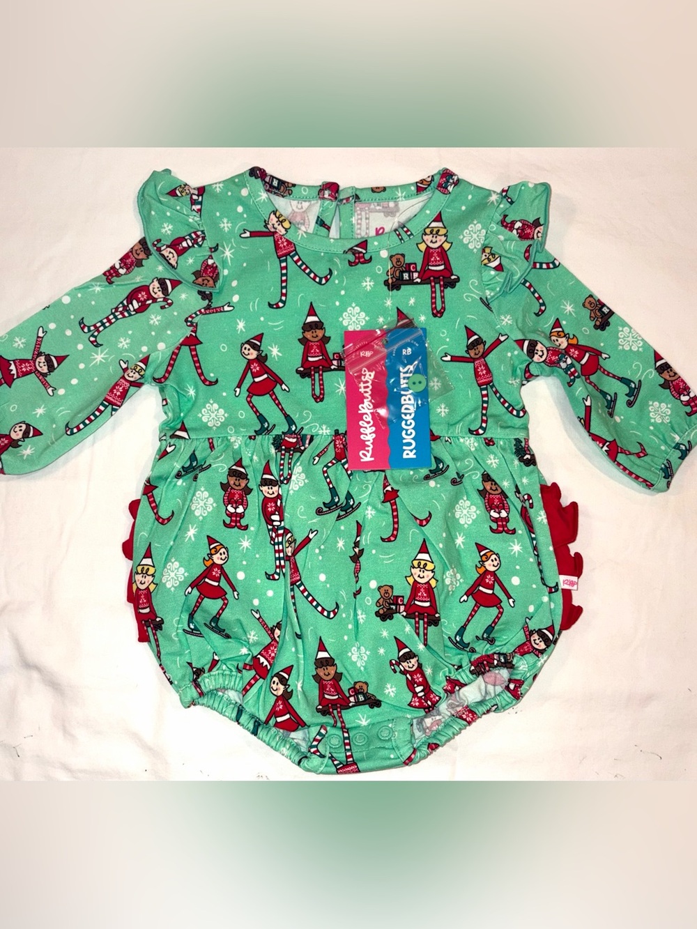 Ruffle Butts Elf Buddies long sleeve Flutter Bubble Romper sz 3-6 months NWT